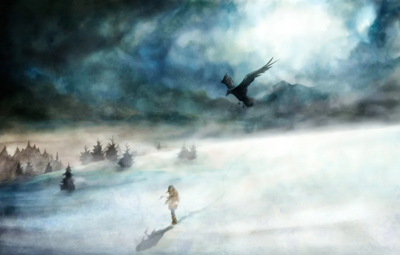 Photo wallpaper winter, snow, bird, girl, Raven, Blizzard, Winter Voices