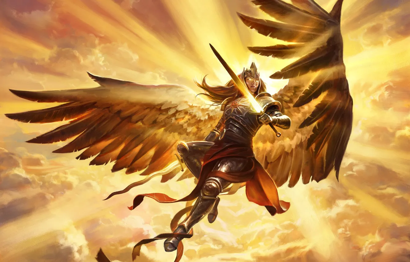 Photo wallpaper lights, sword, armor, rays of light, Valkyrie, in the sky, tail, burning eyes