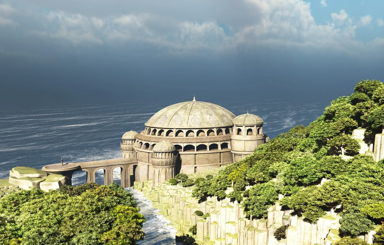 Photo wallpaper house, river, sky, sea, bridge, clouds, byzantine empire