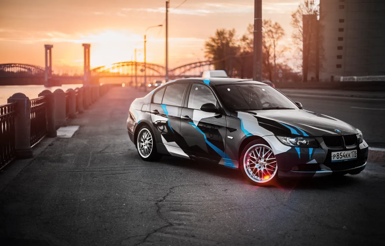 Photo wallpaper car, machine, auto, bridge, city, fog, race, BMW