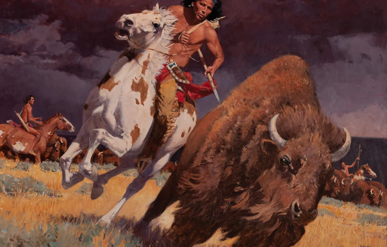 Photo wallpaper horse, picture, hunting, Indian, Buffalo, David Man, American artist, David Mann