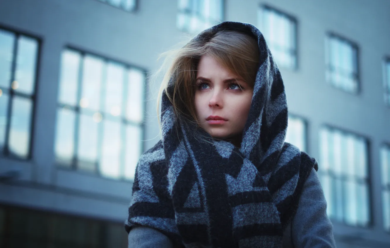 Photo wallpaper look, girl, face, clothing, the building, Windows, scarf, brown hair