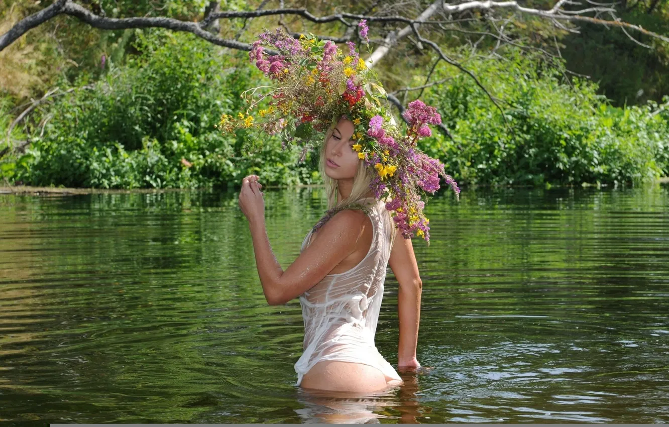 Photo wallpaper summer, girl, flowers, lake, pond, wet, blonde