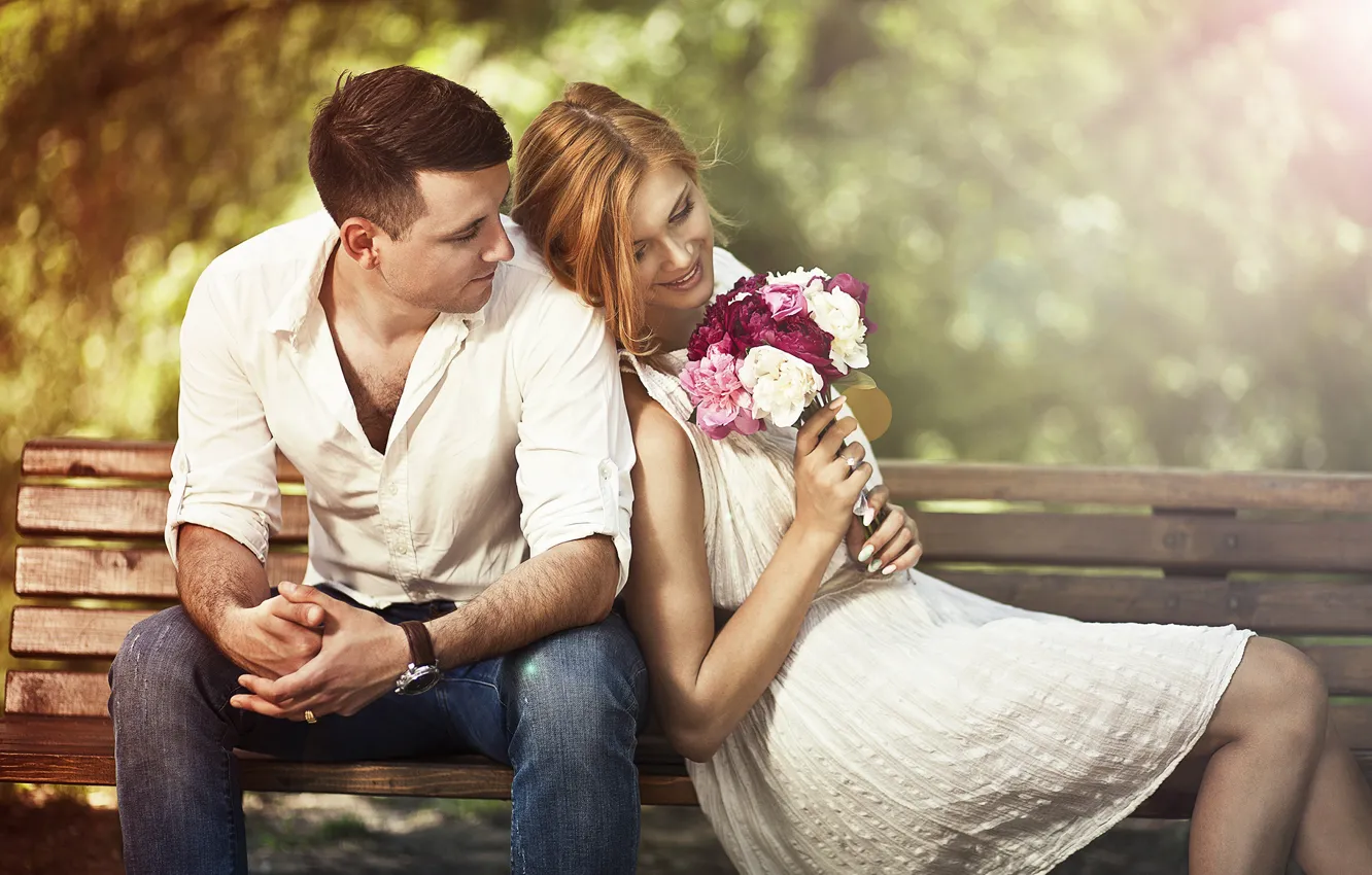 Photo wallpaper look, girl, happiness, bench, bouquet, male, lovers