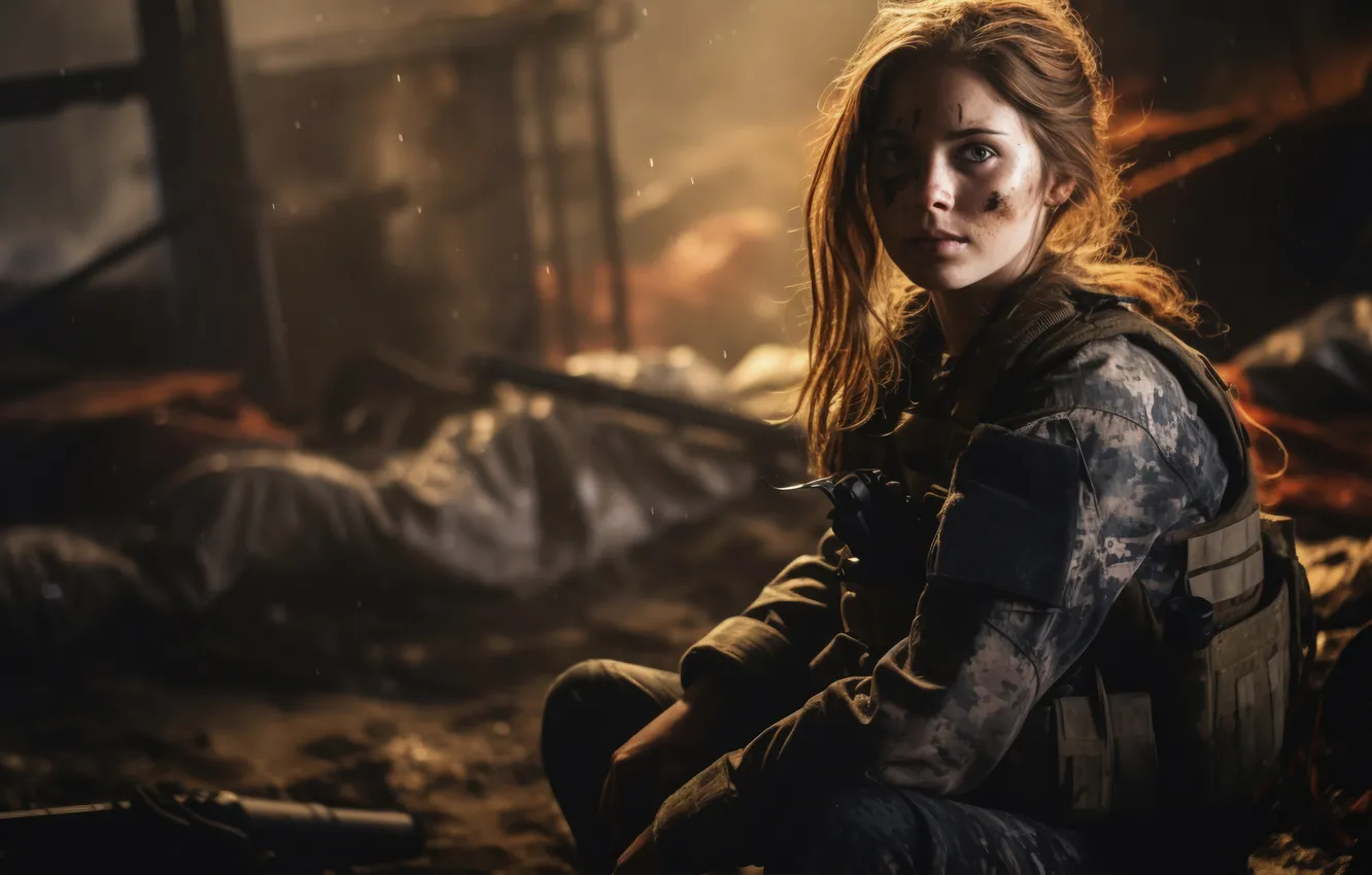 Photo wallpaper look, girl, hair, soldiers, brown hair, digital art, AI art, The Art of Artificial Intelligence