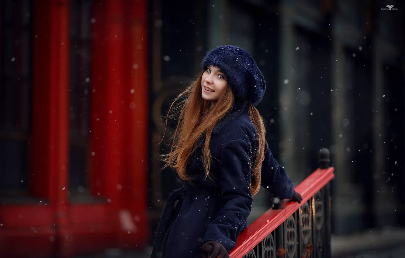 Photo wallpaper look, girl, snow, pose, smile, mood, hat, railings