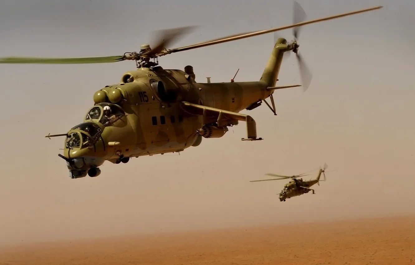 Photo wallpaper military, flight, pair, helicopter, Mi-24