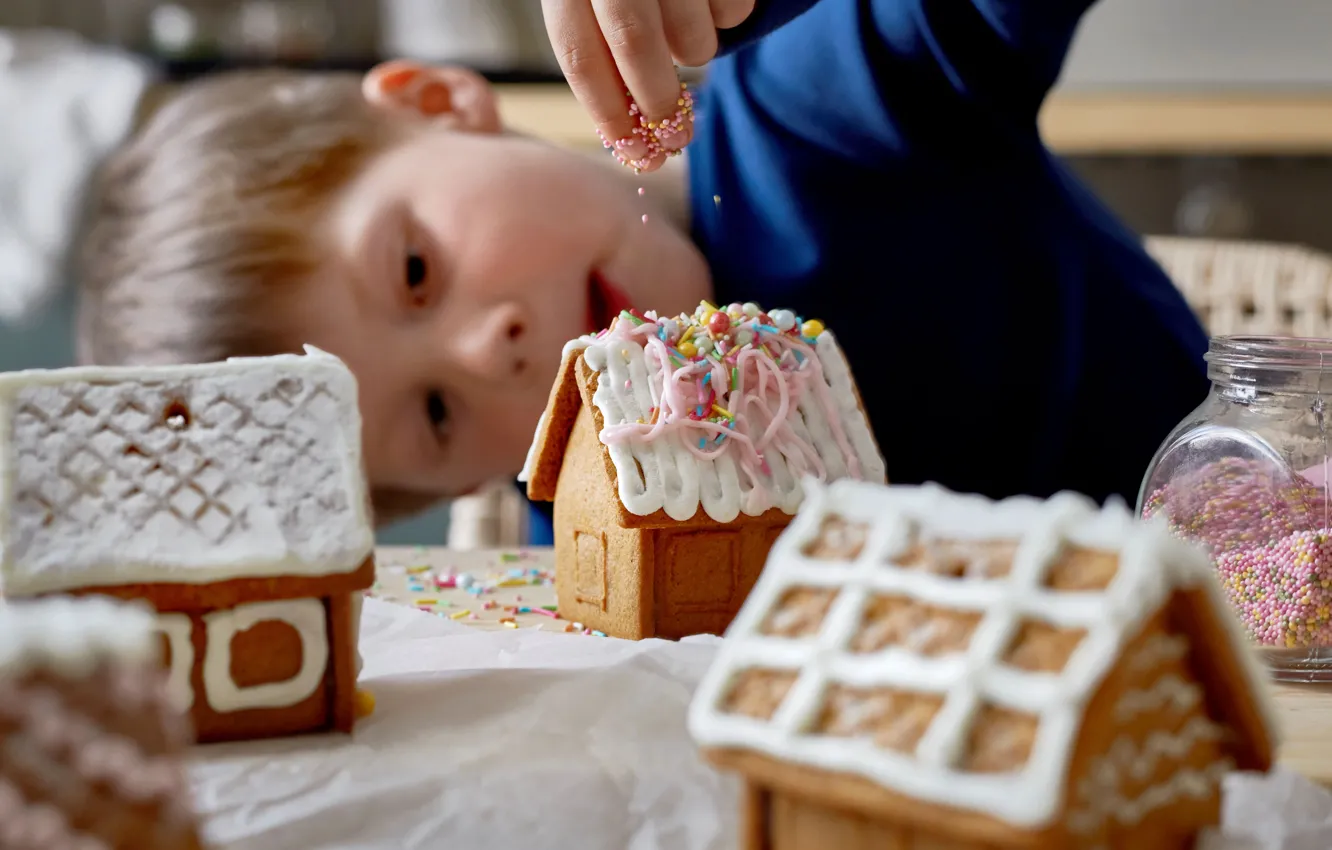 Photo wallpaper children, boy, gingerbread house, GINGERBREAD HOUSE, Festive mood, Holiday spirit, Winter holidays, Winter Holidays