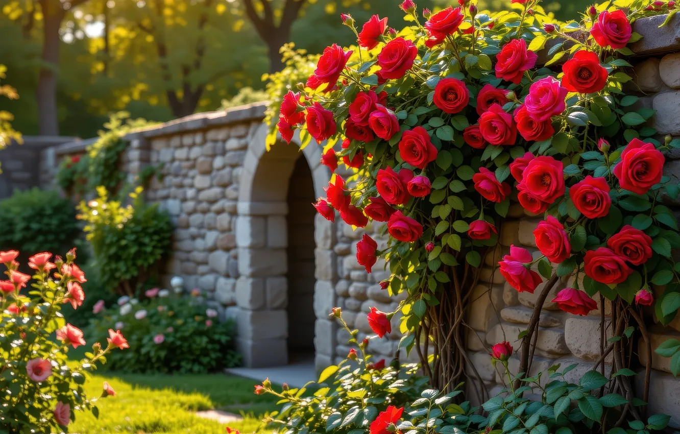 Photo wallpaper summer, flowers, Park, castle, wall, glade, roses, gate
