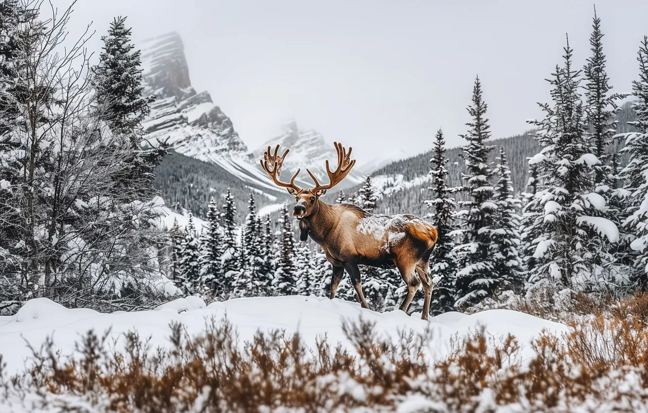 Photo wallpaper winter, frost, forest, the sky, snow, trees, mountains, branches