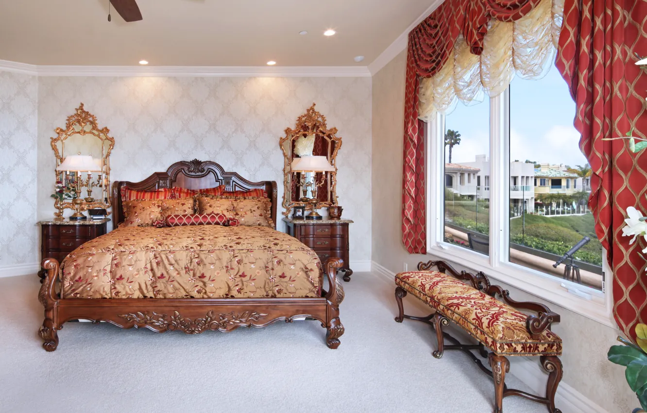 Photo wallpaper design, Villa, bed, mirror, wardrobe, luxury, design, bedroom