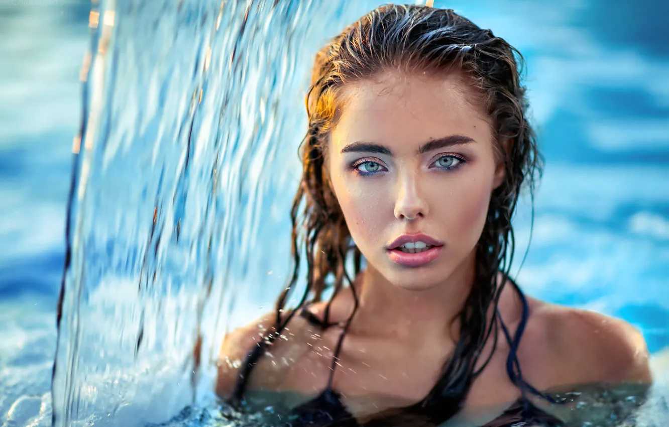 Photo wallpaper girl, wet, bra, green eyes, long hair, photo, water, model