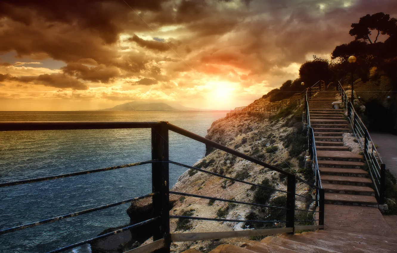 Photo wallpaper sea, sunset, clouds, shore, ladder