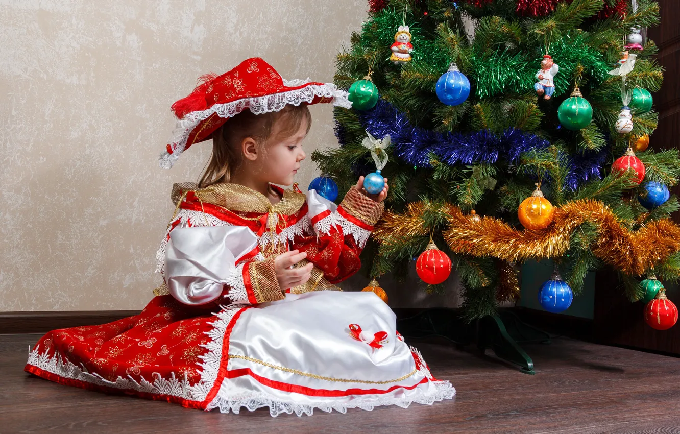 Photo wallpaper mood, balls, tree, new year, child, dress, girl, decoration