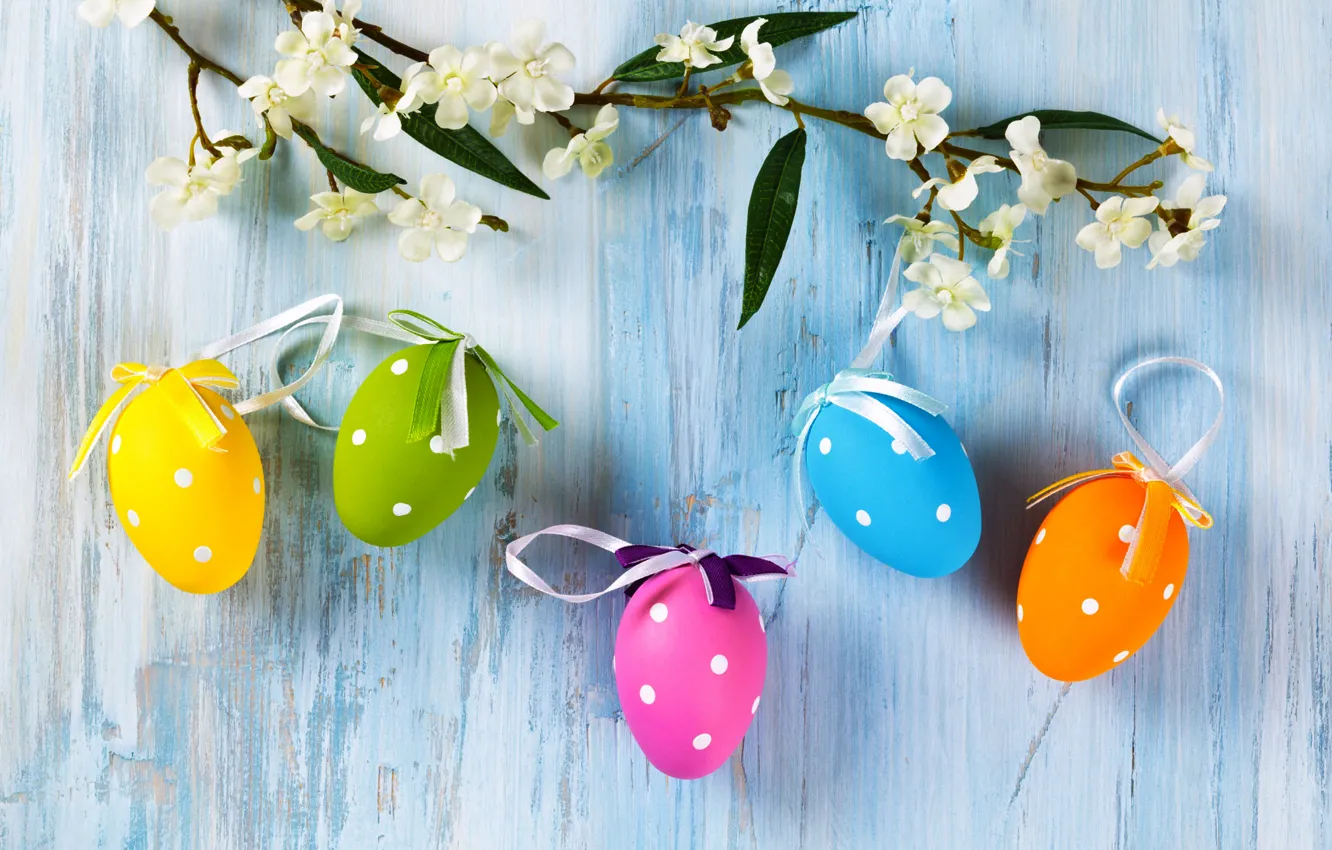 Photo wallpaper flowers, wall, holiday, eggs, branch, Easter, eggs