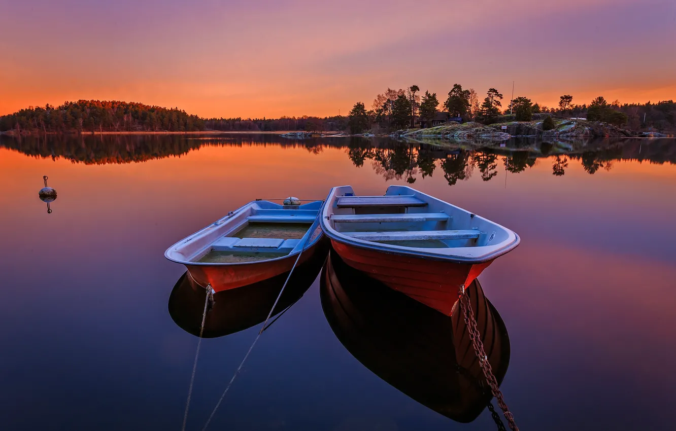 Photo wallpaper forest, trees, sunset, river, boats, the evening, Sweden