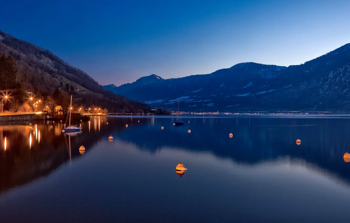 Photo wallpaper night, lake, Switzerland