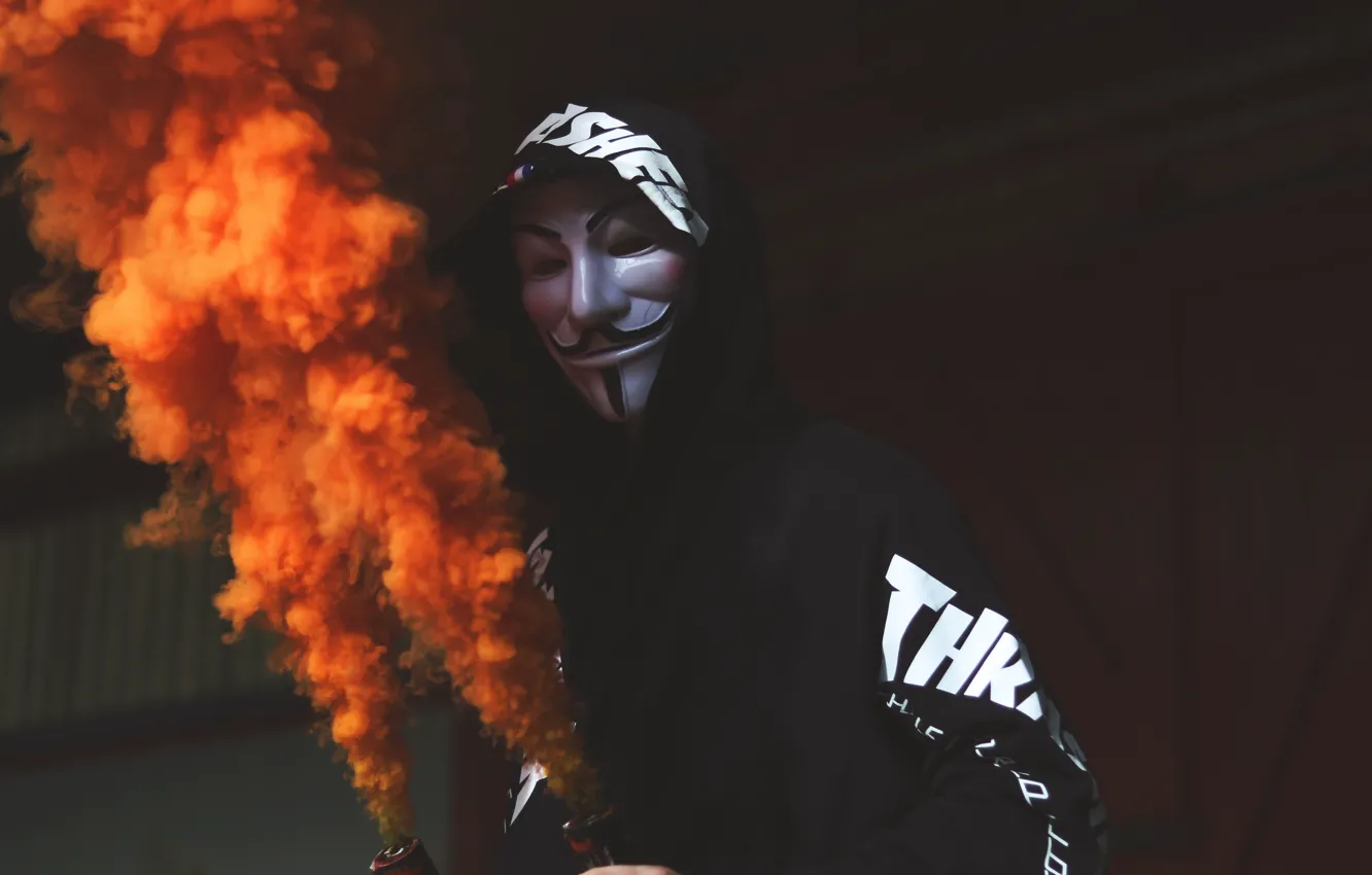 Photo wallpaper city, the city, people, mask, smoke, the guy Fawkes mask, human, mask