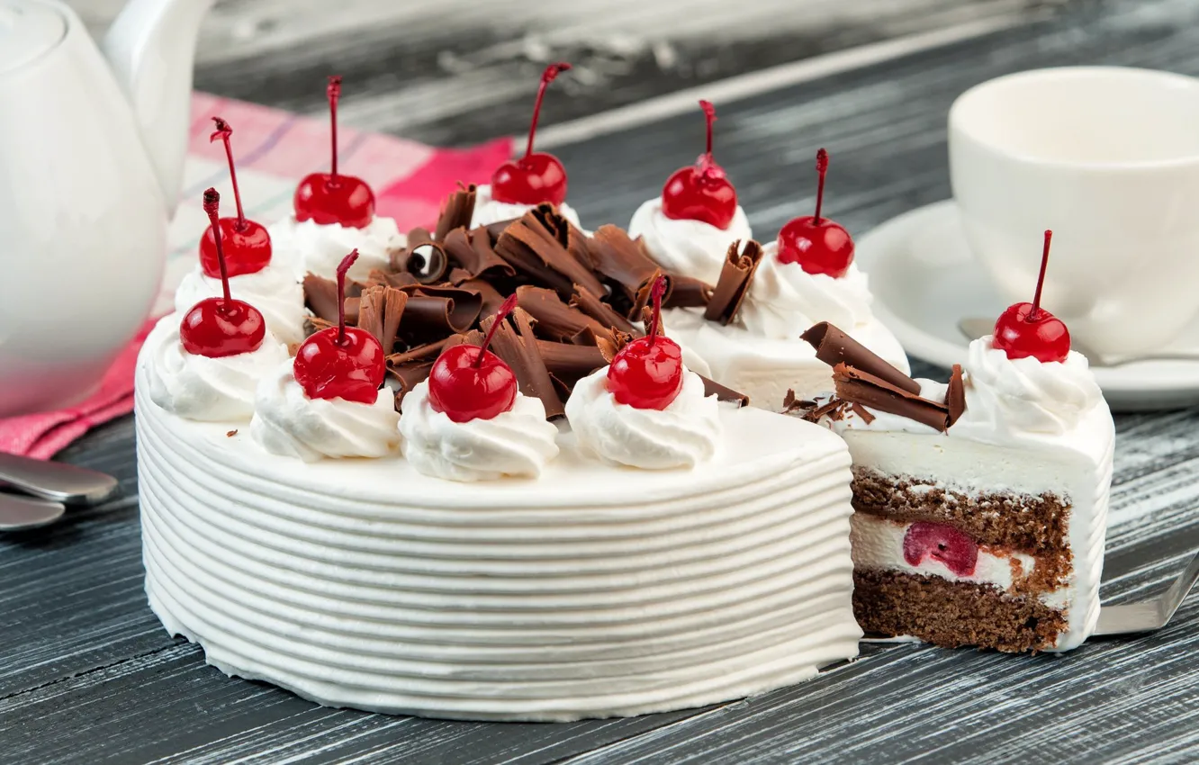 Photo wallpaper cherry, chocolate, cake, cream