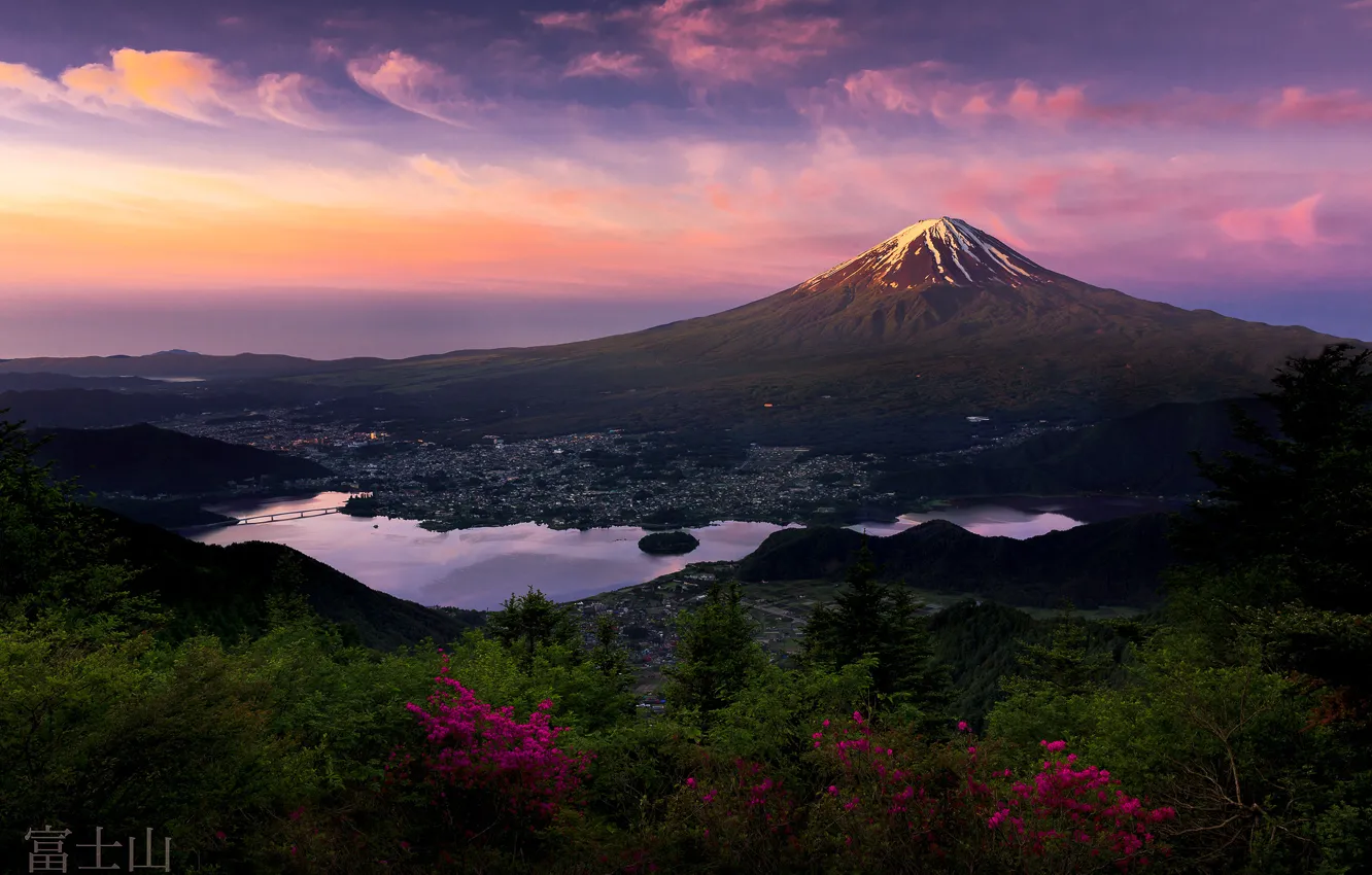 Photo wallpaper mountain, morning, Japan, Fuji, the first rays, stratovolcano, Mount Fuji, the island of Honshu