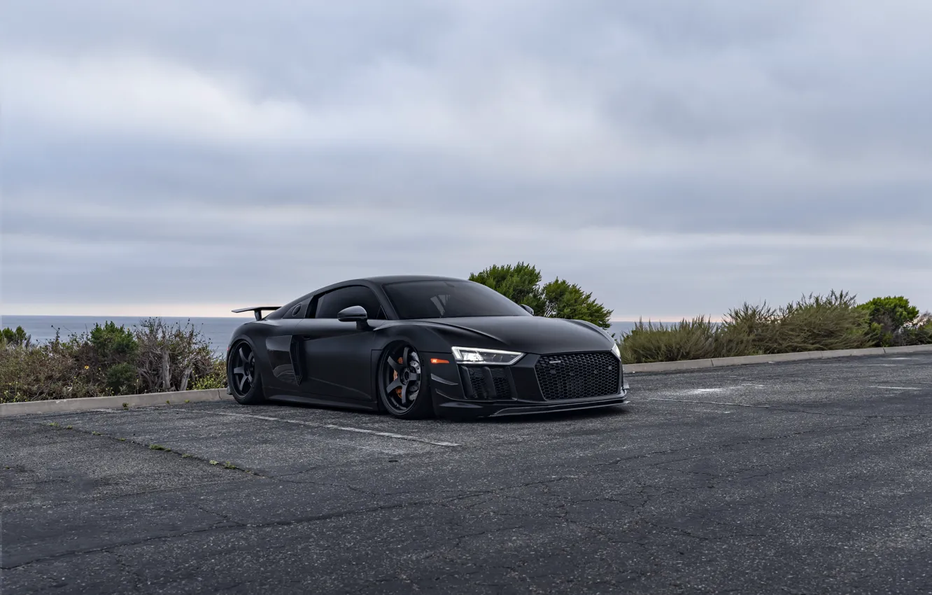 Photo wallpaper Audi, Light, Audi R8, Front, Black, Side, Road, Sea