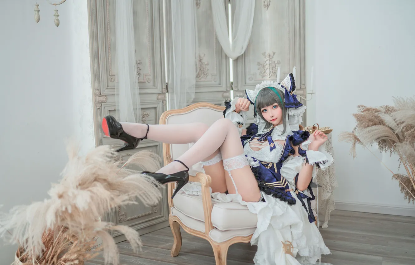 Photo wallpaper look, the door, Asian, big Breasts, white stockings, girl posing, sitting in a chair, fancy …