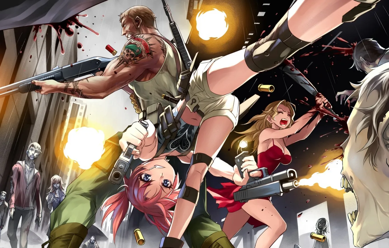 Photo wallpaper girl, gun, weapons, blood, anime, art, zombies, male