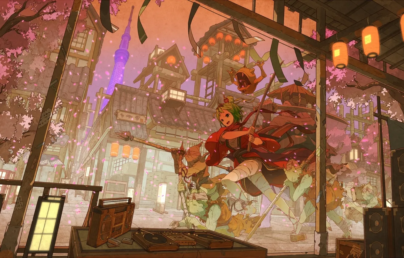 Photo wallpaper girl, trees, the city, weapons, tower, home, monster, katana