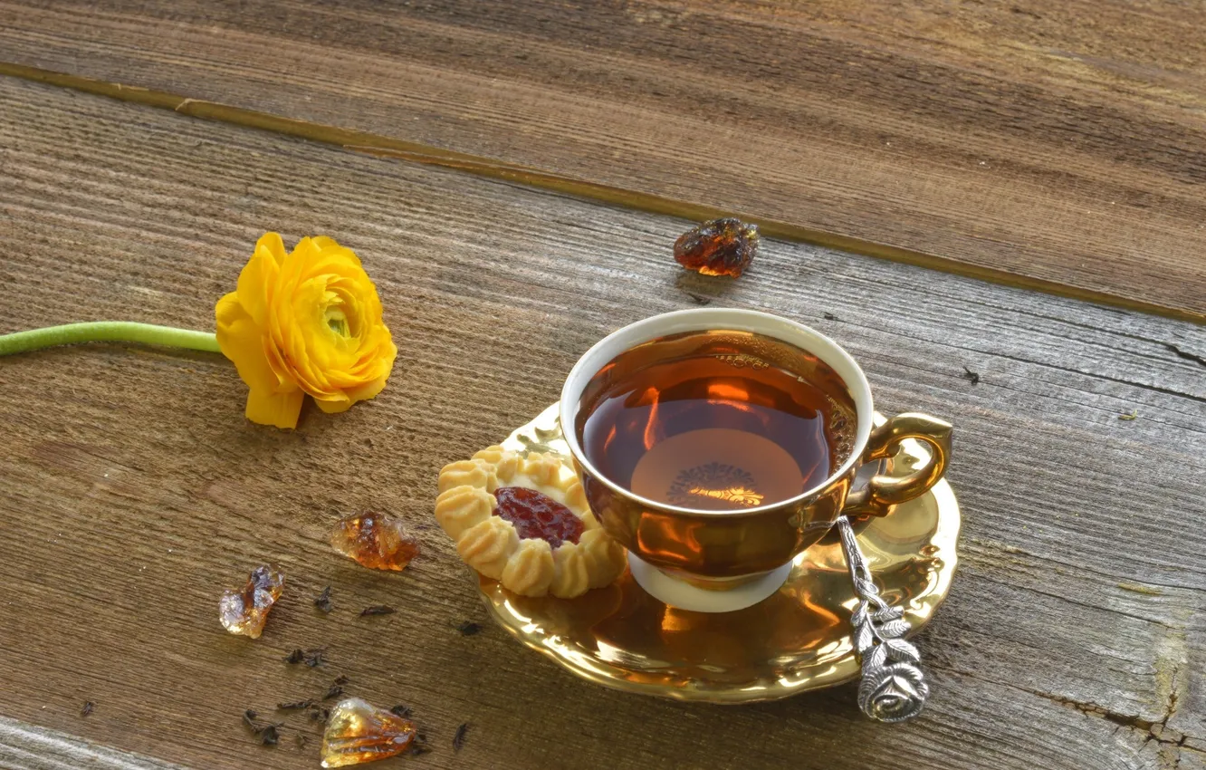 Photo wallpaper tea, cookies, Cup, drink, saucer, Ranunculus