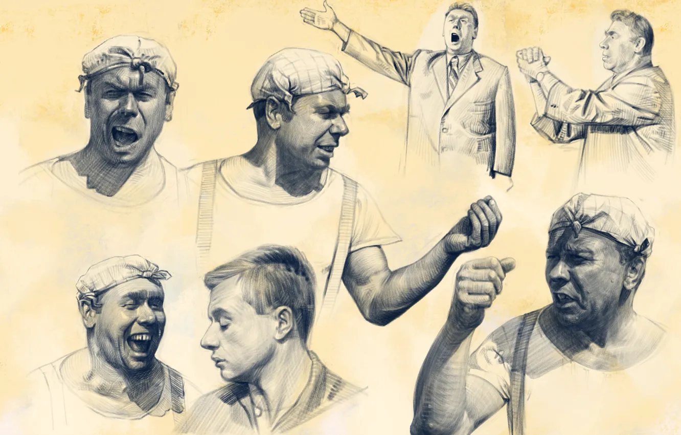 Photo wallpaper figure, pencils, black and white, male, 1966, Andrei Mironov, beware of the car, Anatoly Papanov