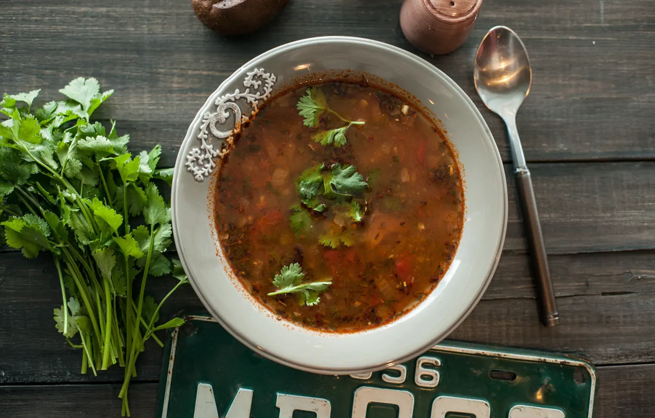 Photo wallpaper greens, soup, Cutlery, the first dish
