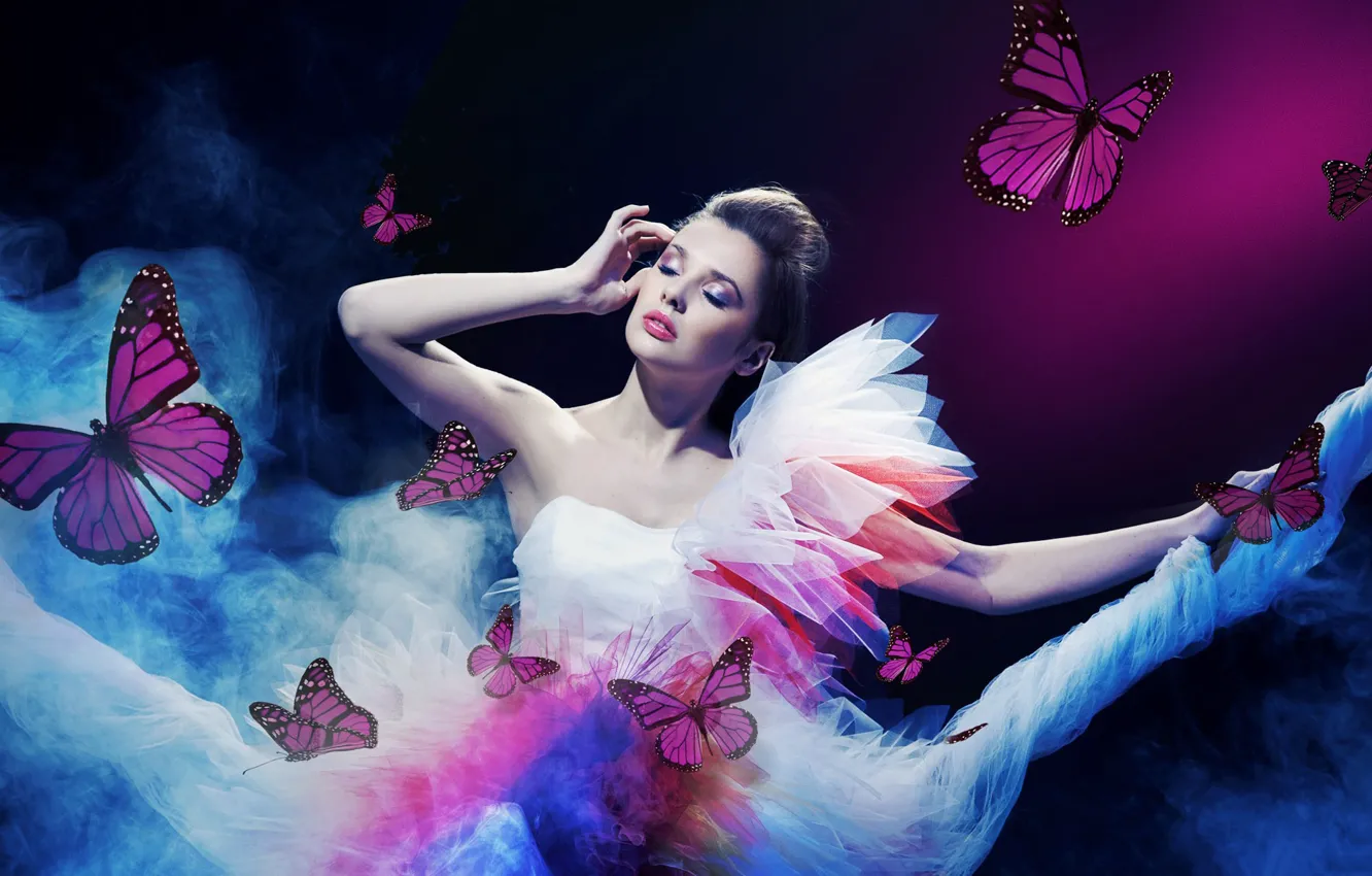 Photo wallpaper girl, fog, butterfly, smoke, brunette