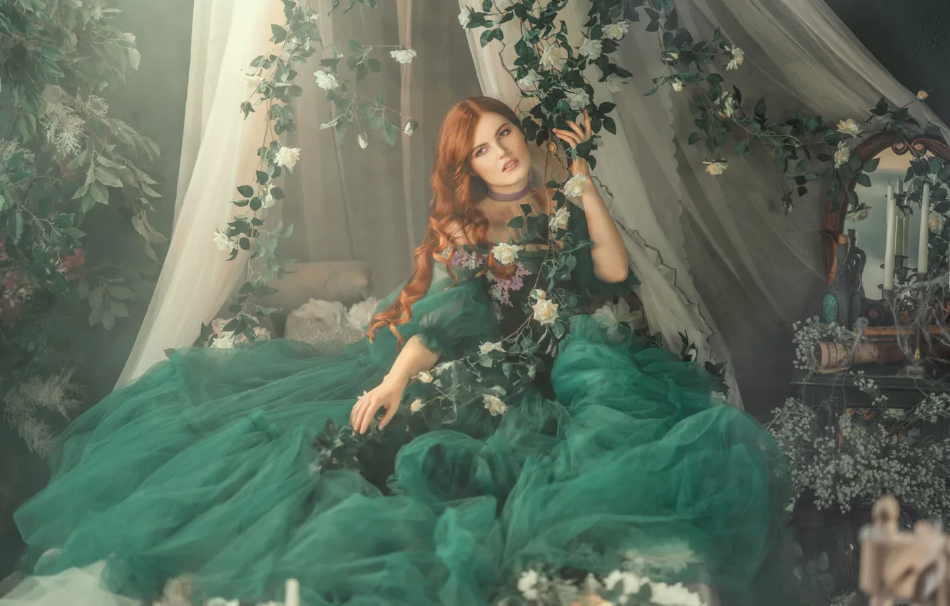Photo wallpaper look, girl, flowers, pose, redhead, green dress, Diana Lipkina