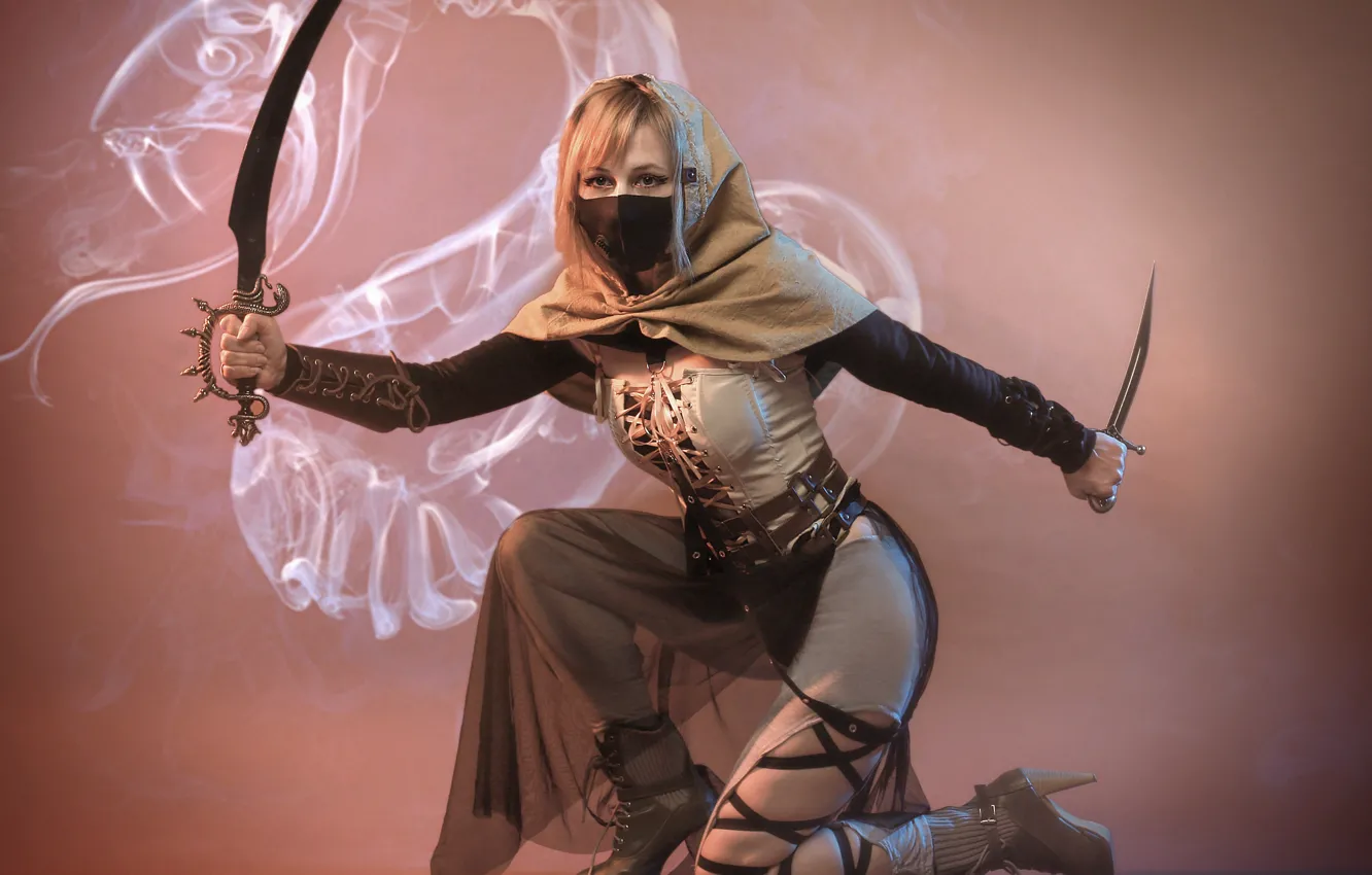 Photo wallpaper girl, pose, warrior, mask, costume, hood, dagger, killer