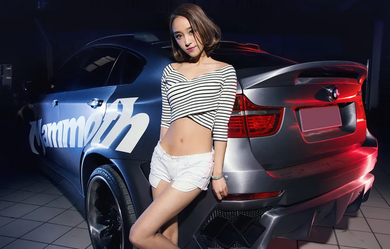 Photo wallpaper auto, look, girl, BMW, Asian, beautiful girl, leaning on the car