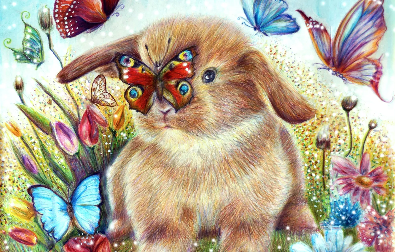 Photo wallpaper butterfly, flowers, figure, rabbit, rabbit, butterfly, drawing