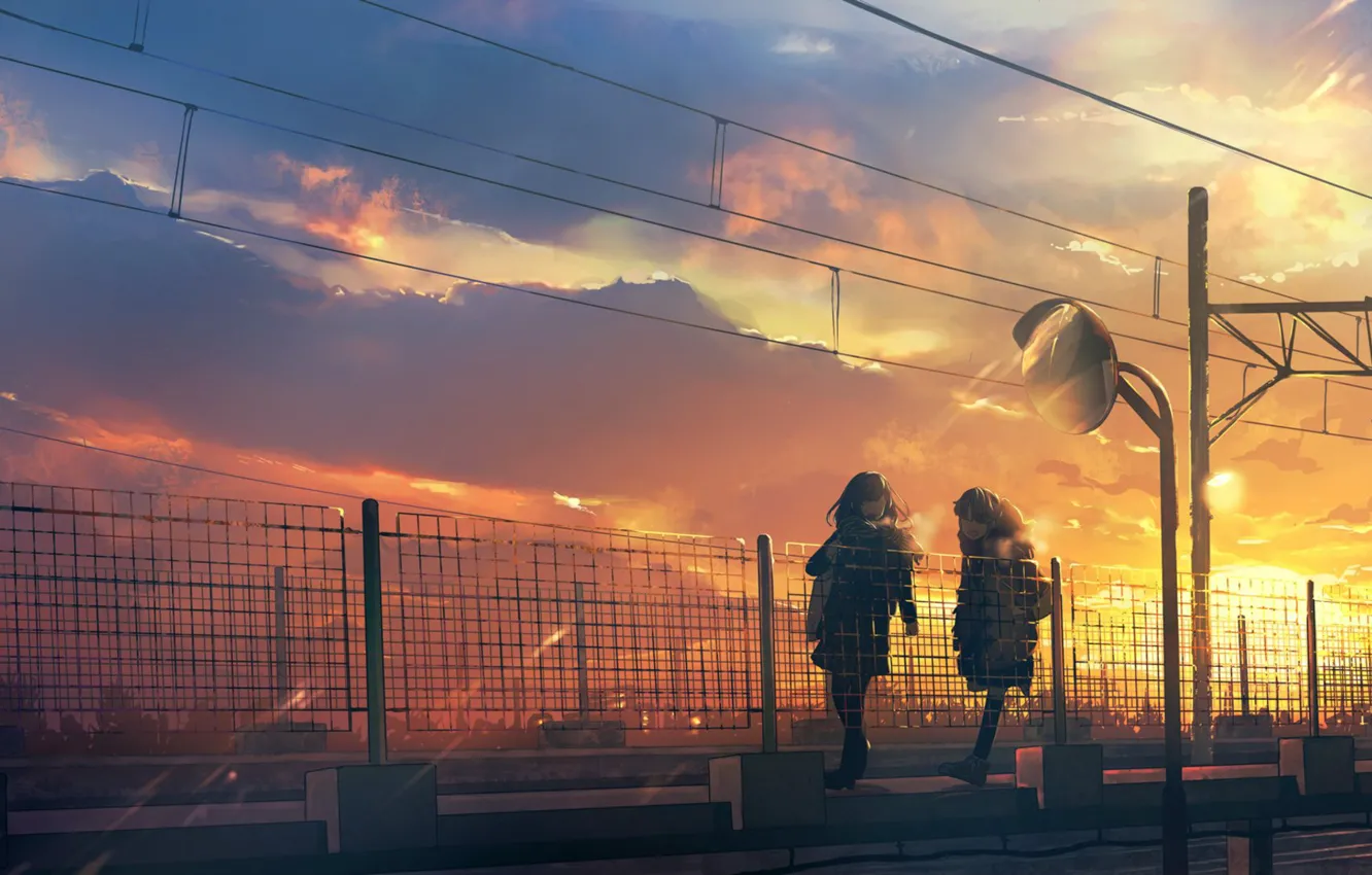 Photo wallpaper sunset, posts, wire, fence, Japan, Schoolgirls, on the bridge, two girls