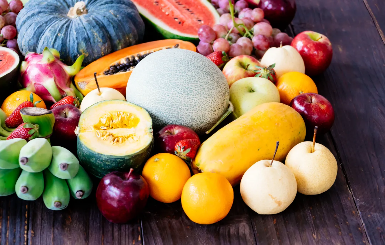Photo wallpaper apples, fruit, different, a lot, melon, cuts