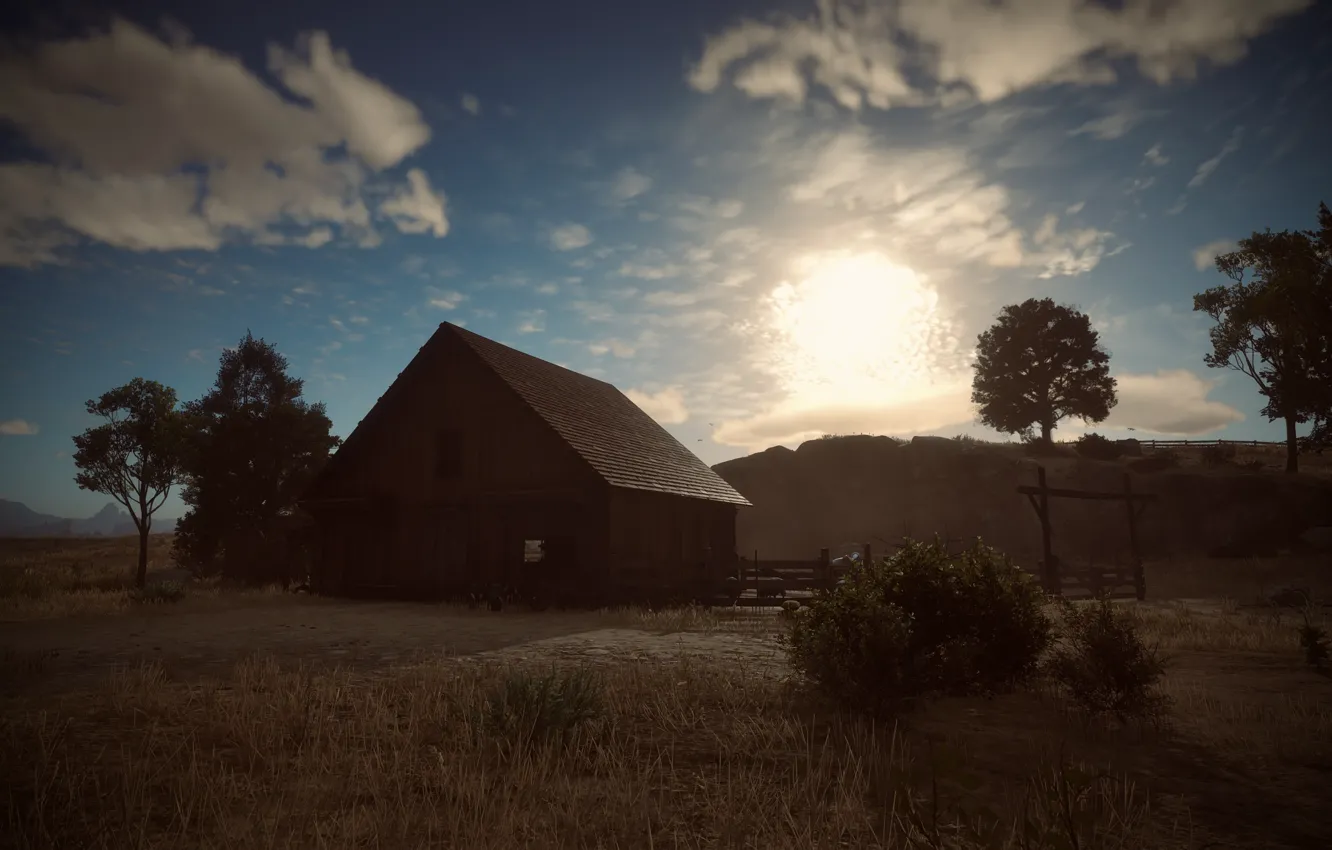Photo wallpaper HDR, game, sky, trees, clouds, evening, plants, barn