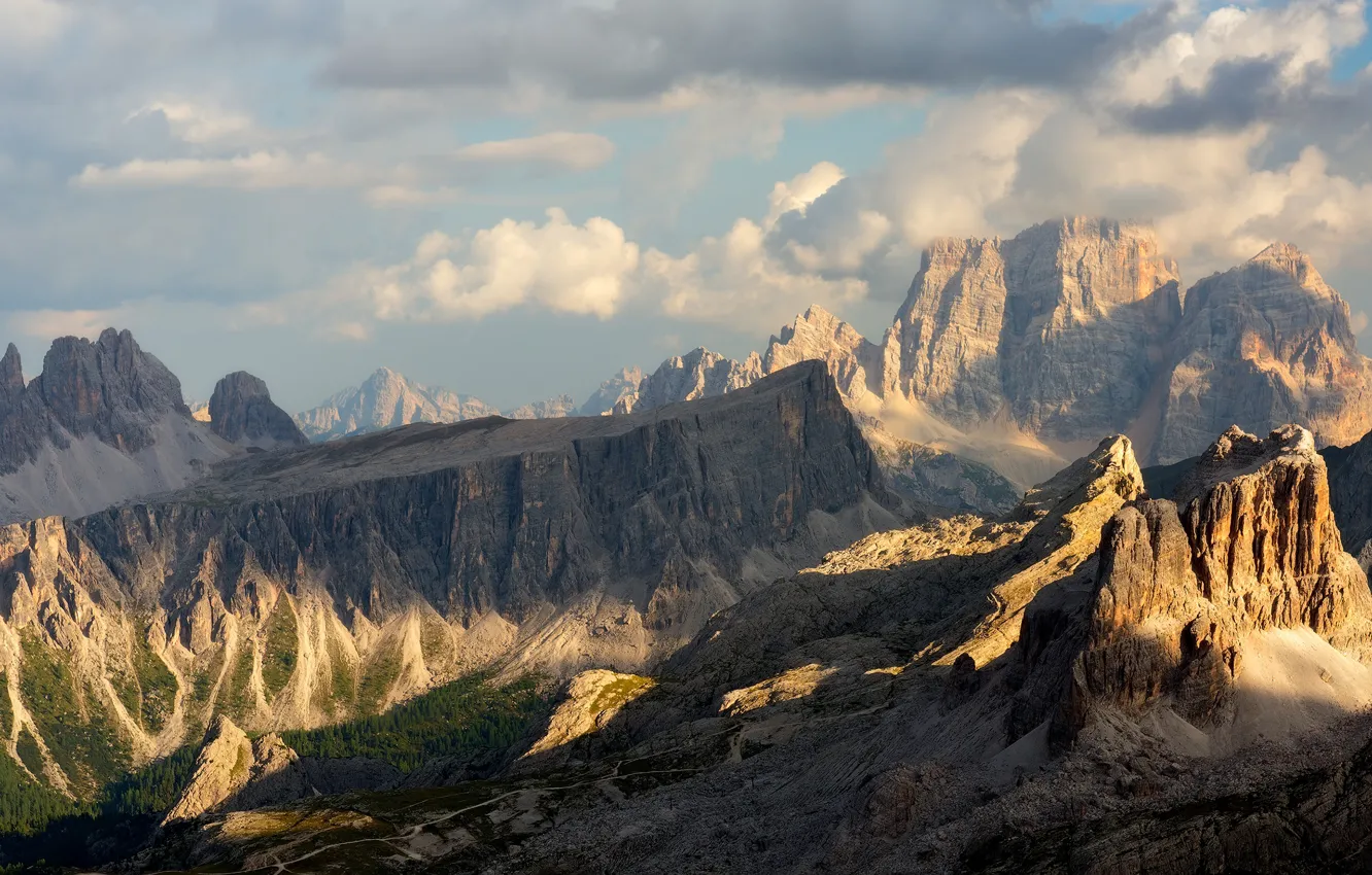 Photo wallpaper the sky, clouds, light, mountains, rocks, tops, relief, The Dolomites
