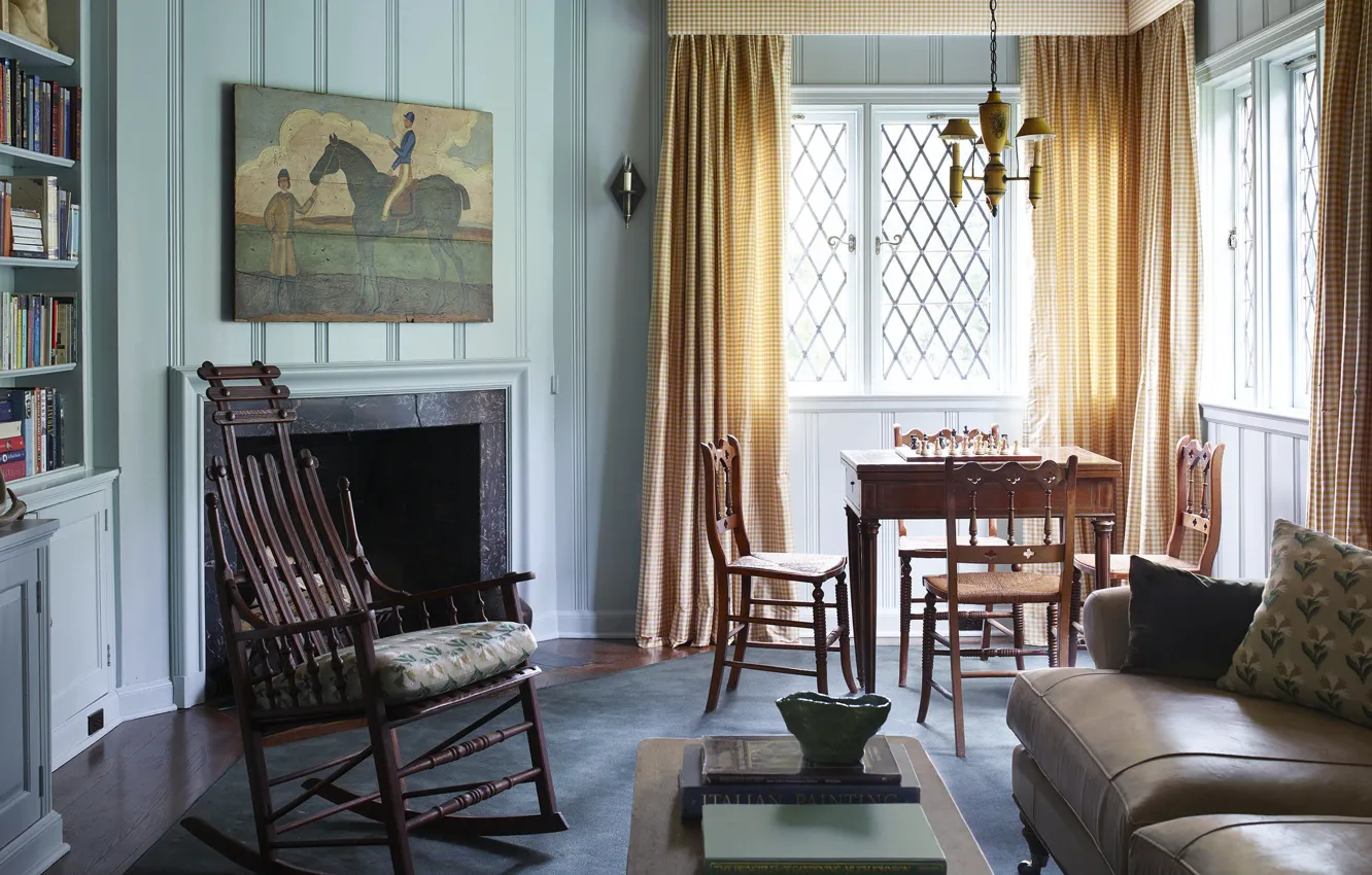 Photo wallpaper design, style, interior, fireplace, library, living room