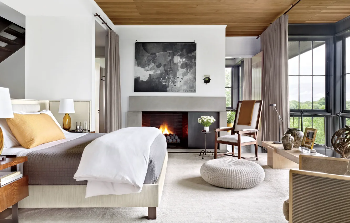 Photo wallpaper design, style, interior, bedroom with fireplaces