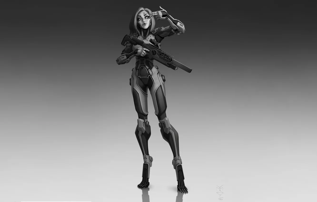 Photo wallpaper girl, gun, robot, art, sci-fi, cyborg, Characters, Ivan Yakushev