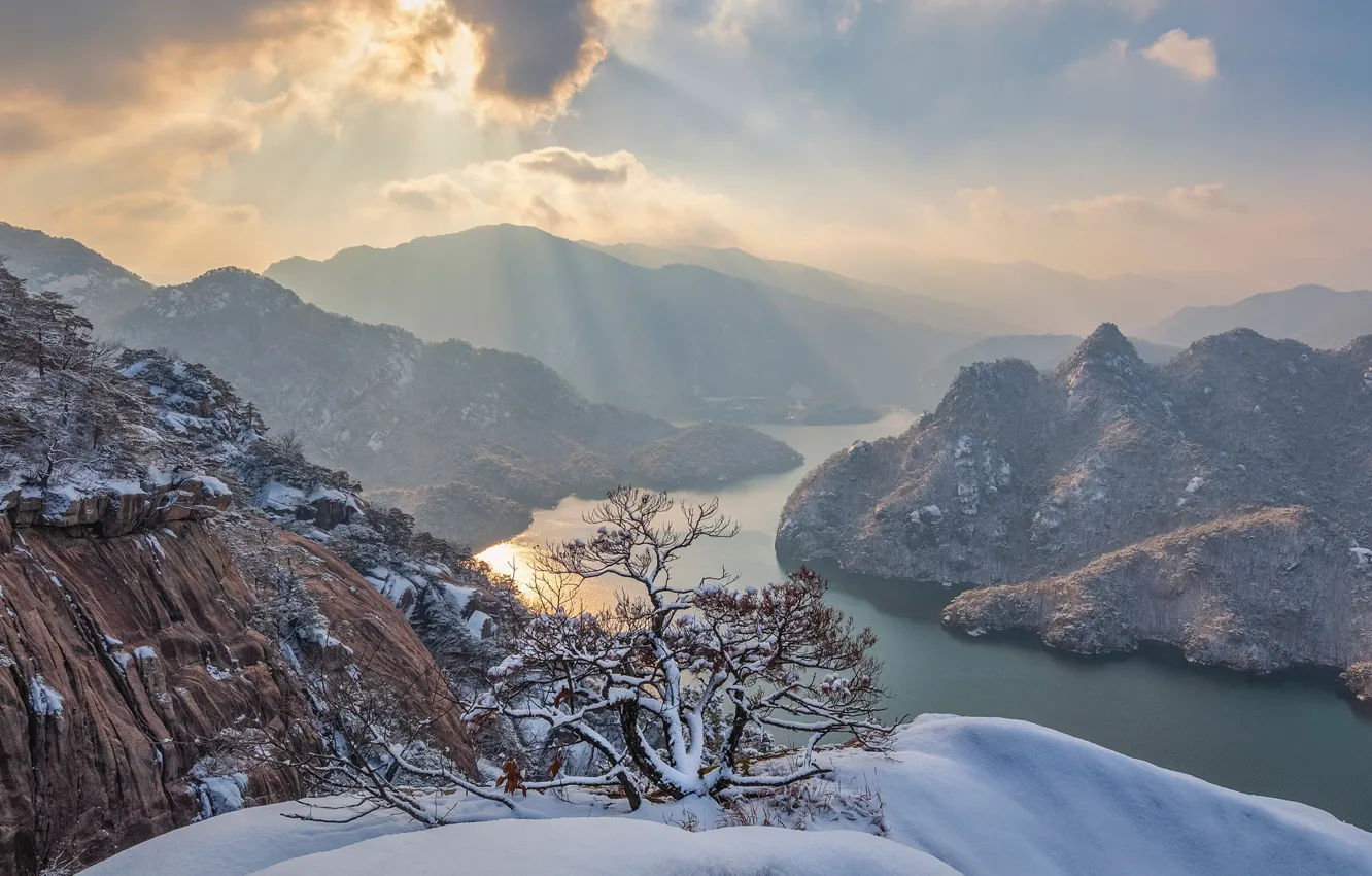 Photo wallpaper winter, clouds, rays, snow, landscape, mountains, nature, river