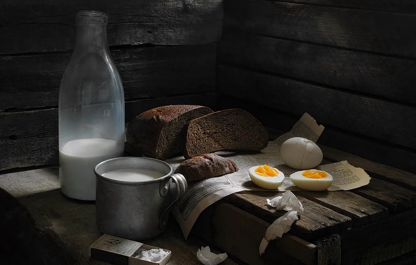 Photo wallpaper eggs, milk, bread, salt