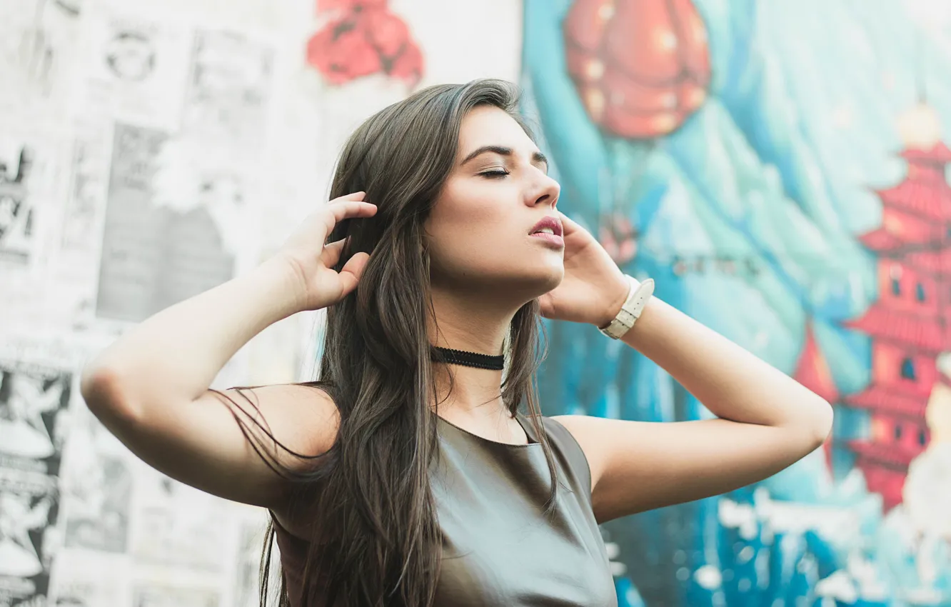 Photo wallpaper girl, pose, makeup, brunette, hairstyle, is, beautiful, he closed his eyes