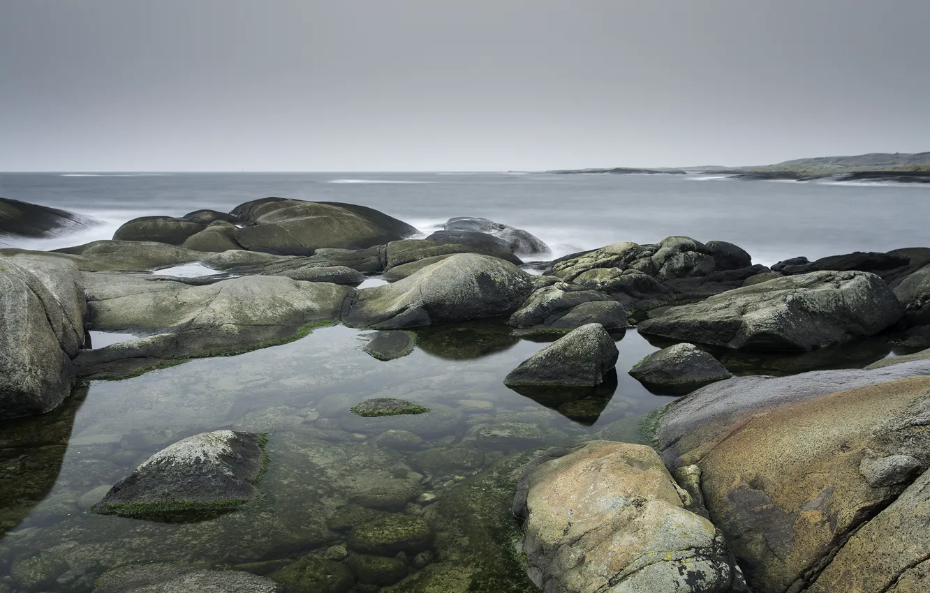 Photo wallpaper sea, stones, coast, Norway, Larvik