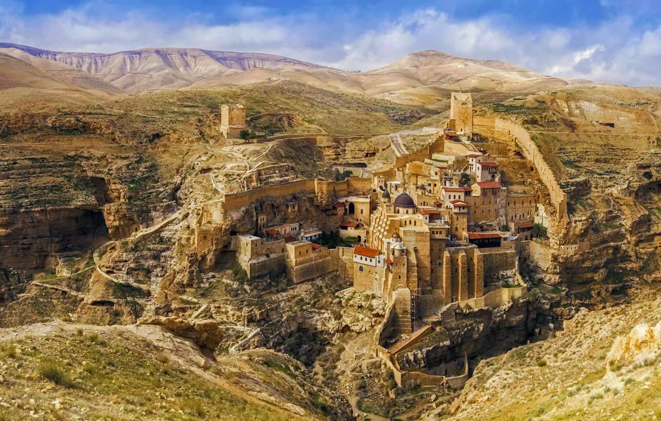 Photo wallpaper mountains, tower, home, fortress, Palestine, Lavra Of St. Sabbas The Sanctified