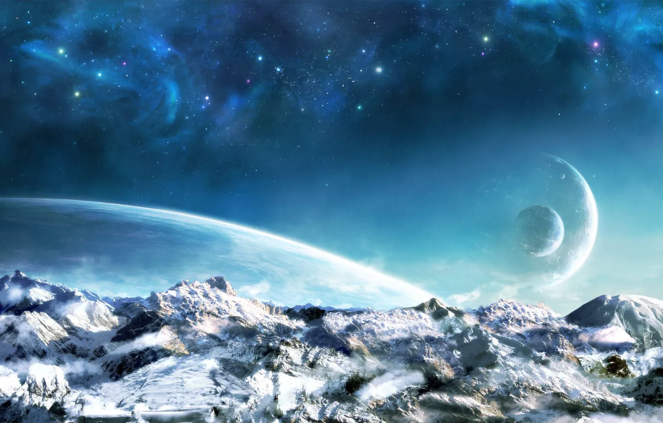 Photo wallpaper star, blue, cloud, mountain, fog, planet, cosmic nebula