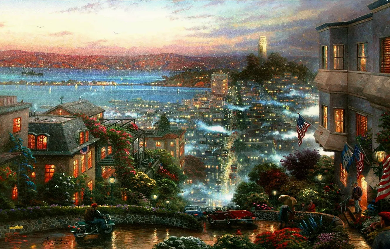 Photo wallpaper road, the city, fog, thomas kinkade